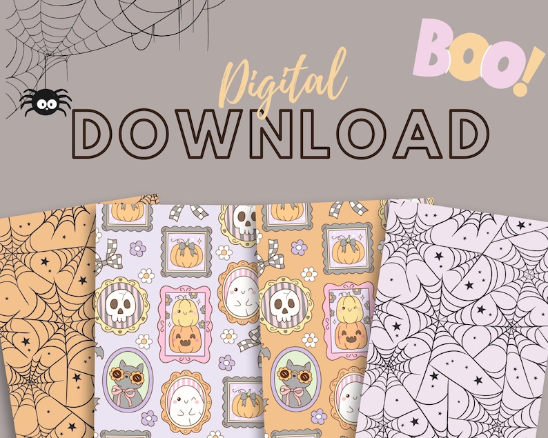 May include: Digital download featuring Halloween-themed patterns. The design includes spiderwebs, pumpkins, ghosts, and skulls in frames. The word "Boo!" is in pink and yellow, and the words "Digital Download" are also present.