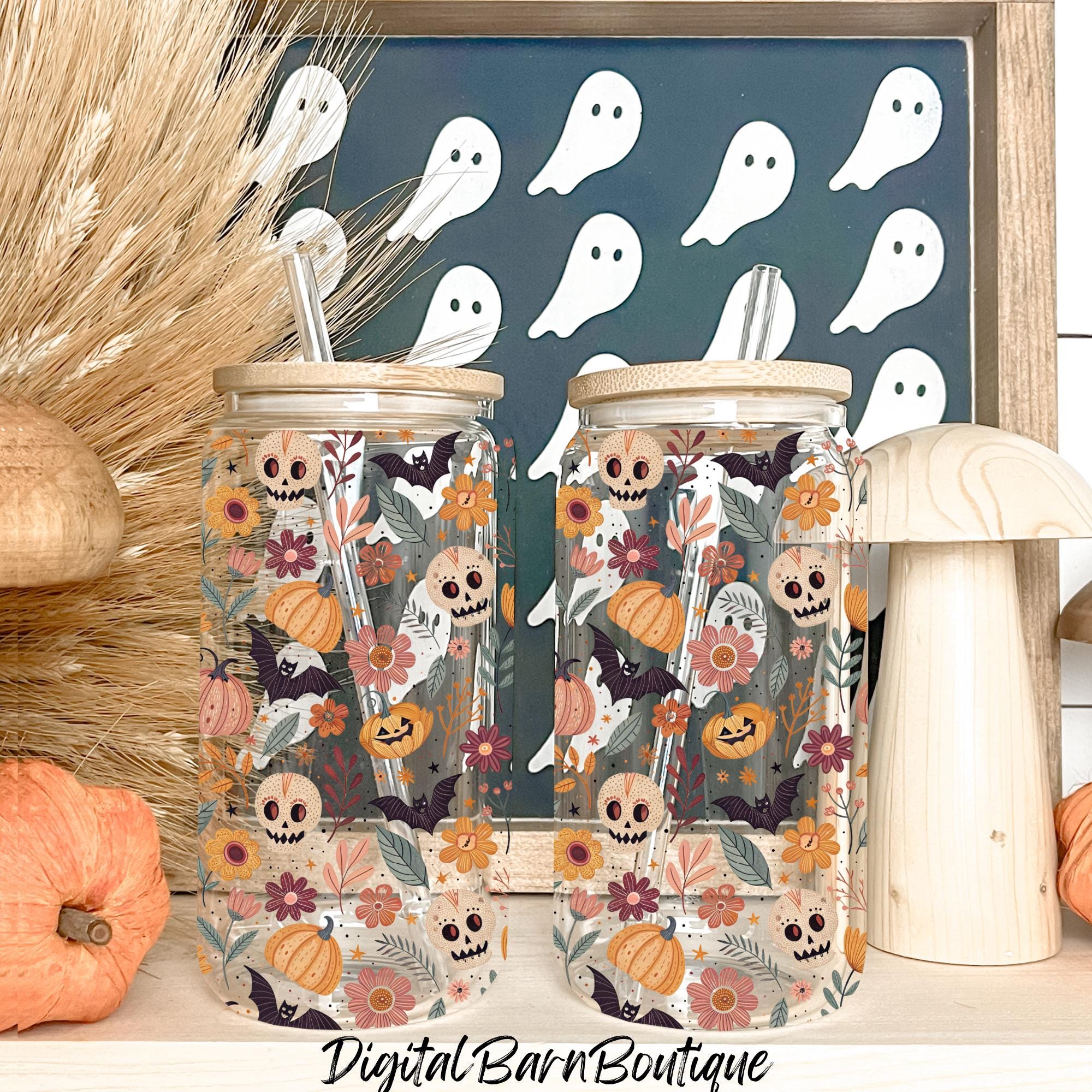 Cute Halloween Seamless Wrap PNG, Fall Floral Pumpkin Skull Bat Pattern, Digital Halloween Tumbler/Glass Can Design, 300 DPI Sublimation PNG