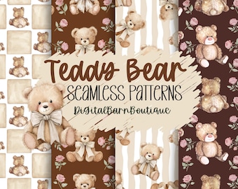 Teddy Bear Seamless Pattern Bundle, Watercolor Nursery Paper (Digital Download)