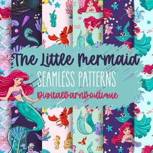 Puede incluir: Una colección de patrones sin costuras con personajes y elementos de "La Sirenita". Los diseños incluyen sirenas, el Príncipe Eric y varias criaturas marinas en colores vibrantes. El texto "The Little Mermaid" y "Seamless Patterns" está presente.