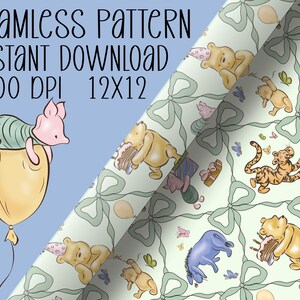 May include: A seamless pattern design featuring Winnie the Pooh characters, including Piglet, Pooh, Tigger, and Eeyore, with bows, balloons, and butterflies. The text "SEAMLESS PATTERN INSTANT DOWNLOAD 300 DPI 12X12" is displayed at the top.