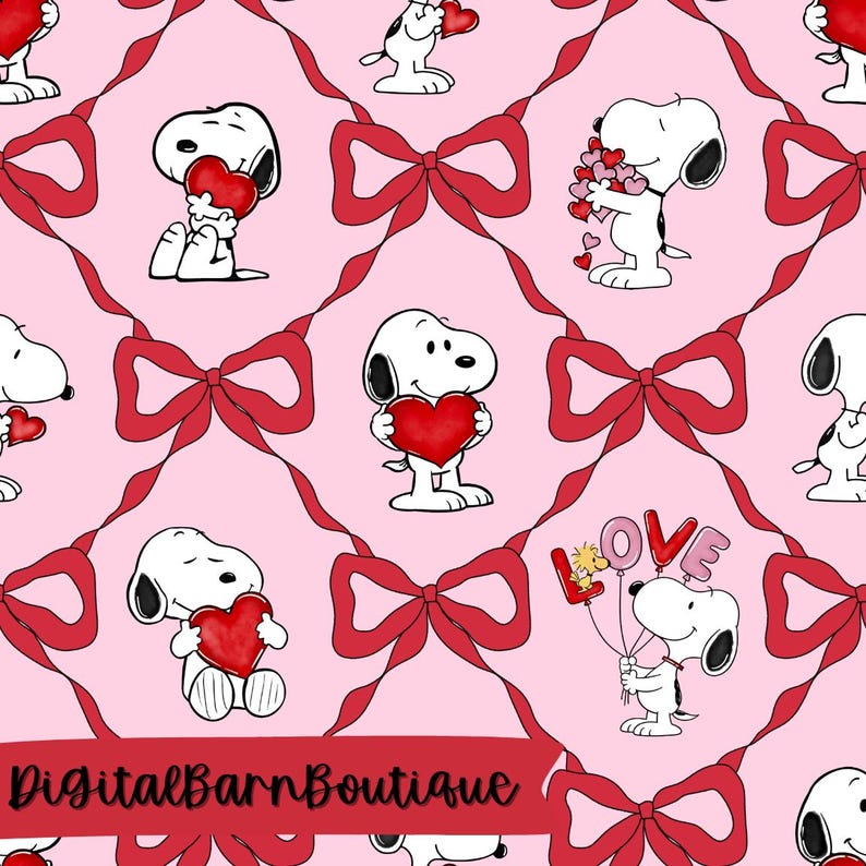Valentine Snoopy Seamless Pattern, Hearts & Bows Pattern, Love, Dog ...