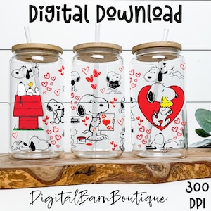 May include: Three glass tumblers with bamboo lids and straws, featuring Snoopy and Woodstock designs. The tumblers are decorated with red hearts and Snoopy in various poses. The text "Digital Download" and "Digital Barn Boutique" are visible.