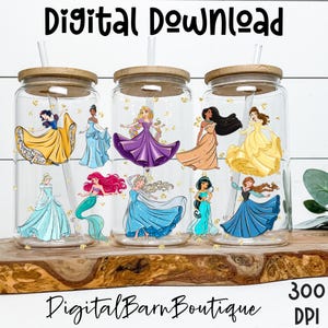 May include: Three glass tumblers with bamboo lids and straws, each decorated with colorful illustrations of animated princesses. The tumblers are displayed on a wooden surface. The text "Digital Download" and "Digital Barn Boutique" are visible.