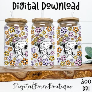 May include: Three glass tumblers with wooden lids and straws. Each tumbler features a floral design with a cartoon character holding flowers. The tumblers are decorated with colorful flowers in shades of yellow, orange, pink, and purple. The words "Digital Download" and "Digital Barn Boutique" are visible.