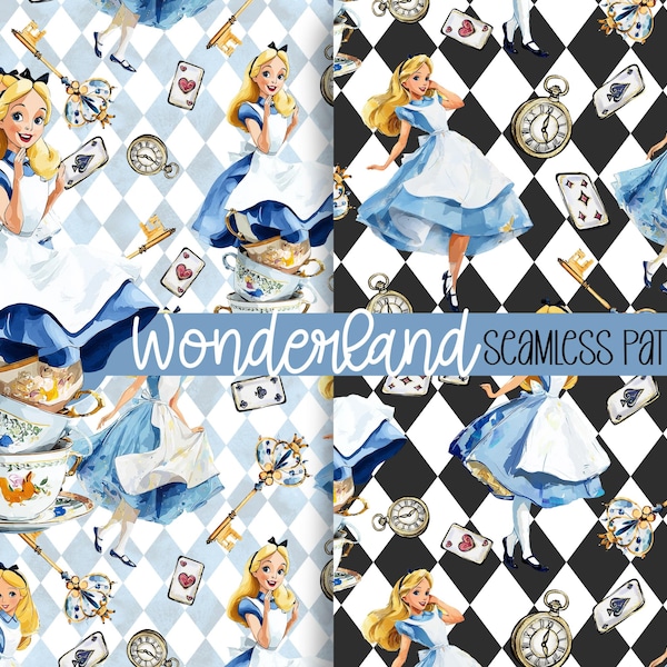 Peut inclure: Motifs sans couture avec des illustrations d'Alice au pays des merveilles. Les motifs comprennent Alice en robe bleue, des cartes à jouer, des montres de poche, des clés et des tasses à thé. L'arrière-plan est un motif de losanges bleu et blanc, et noir et blanc.