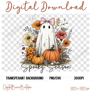 May include: A digital download graphic featuring a friendly ghost with a pink bow, surrounded by orange and yellow flowers and pumpkins. The words "Spooky Season" are written below the illustration. The image is on a transparent background.