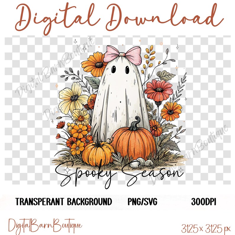 May include: A digital download graphic featuring a friendly ghost with a pink bow, surrounded by orange and yellow flowers and pumpkins. The words "Spooky Season" are written below the illustration. The image is on a transparent background.