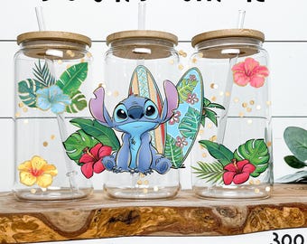 Owijka na kubek Stitch Tropical | Deska surfingowa i hibiskus PNG (pobieranie cyfrowe)