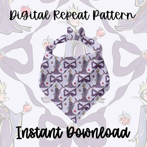 May include: A light purple bandana featuring a repeating pattern of a queen holding an apple, bows, and apples. The words "Digital Repeat Pattern" and "Instant Download" are written in black script.
