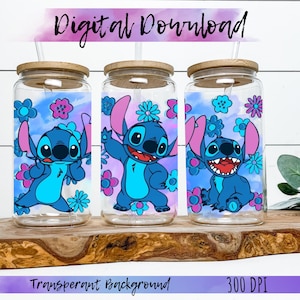 Stitch Flower Power Digital Mug Wrap, Cute Blue Flower Tumbler PNG Design, Stitch Glass Can Wrap, Digital Download, Cute Stitch PNG