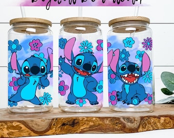 Stitch Flower Power Digital Mug Wrap, Cute Blue Flower Tumbler PNG Design, Stitch Glass Can Wrap, Digital Download, Cute Stitch PNG