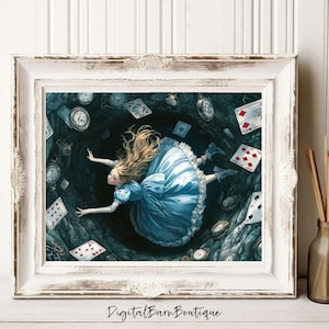 Alice in Wonderland Down the Rabbit Hole Digital Wall Art | Whimsical Fantasy Storybook Printable | Alice Falling Art Instant Download