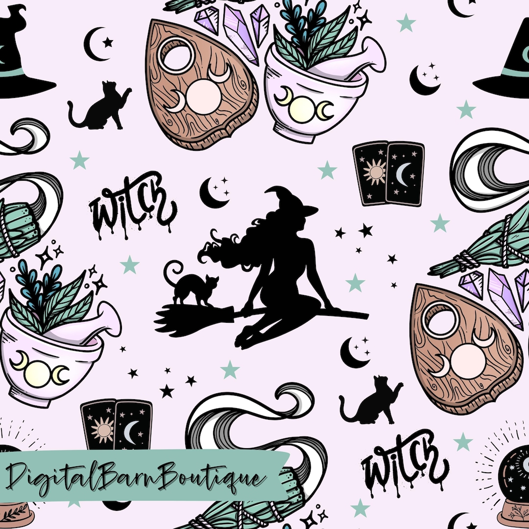 Witch Seamless Pattern: Halloween Magic, Crystal Moon, Boho Pagan ...