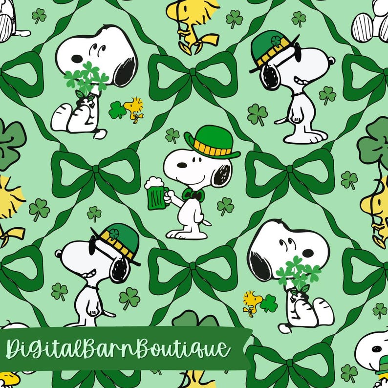Snoopy St Patrick's Day Seamless Pattern, Clover Bow Fabric (digital ...