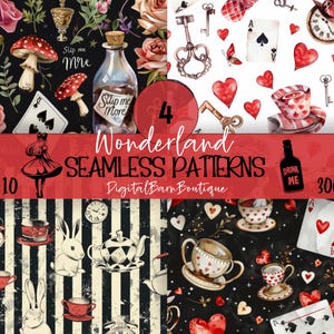 May include: Four Wonderland-themed seamless patterns are displayed, featuring whimsical illustrations. The patterns include playing cards, teacups, clocks, keys, mushrooms, and roses. The image includes the text "Wonderland Seamless Patterns" and "15 x 10".