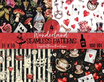Alice in Wonderland Seamless Pattern Bundle: Tea Party Digital Paper (JPG Download)