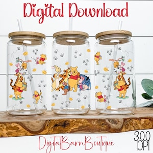 May include: Three clear glass tumblers with bamboo lids and straws. Each tumbler features a Winnie the Pooh design with characters like Pooh, Tigger, Piglet, and Eeyore, along with bees. The text "Digital Download" and "Digital Barn Boutique" are visible.