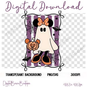 May include: A digital download graphic featuring a cartoon ghost with Mickey Mouse ears and a bow, holding a pumpkin. The design includes bats, spiders, and spiderwebs, set against a purple striped background. Text includes "Digital Download" and "Digital Barn Boutique".