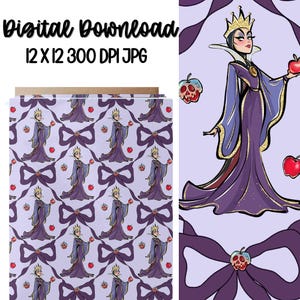 May include: Digital download featuring a repeating pattern of a cartoon Evil Queen holding an apple, with purple bows and apple accents on a light purple background. The image also includes the text "Digital Download 12 X 12 300 DPI JPG".