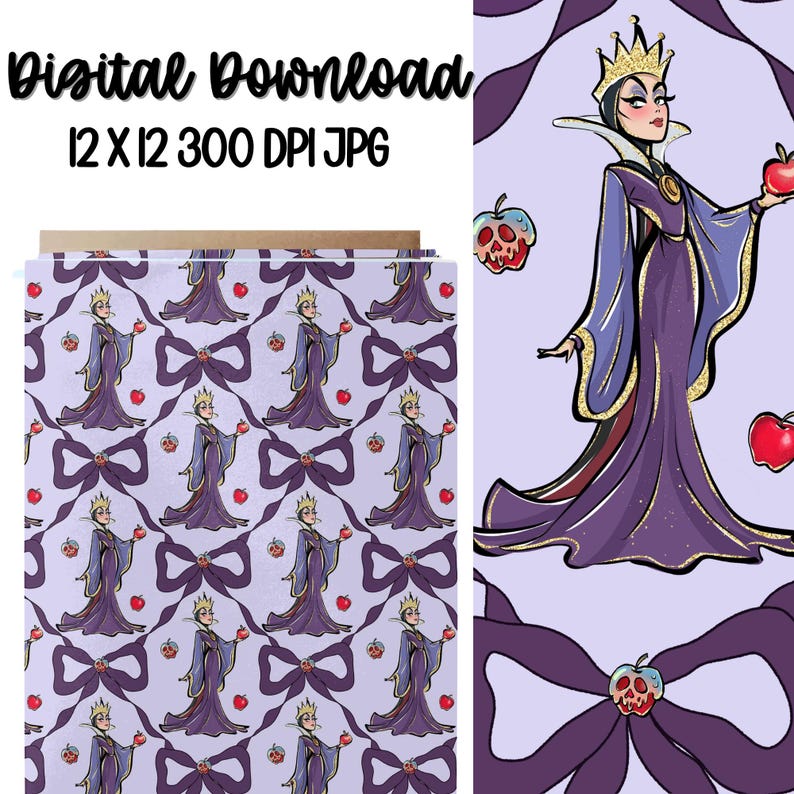 May include: Digital download featuring a repeating pattern of a cartoon Evil Queen holding an apple, with purple bows and apple accents on a light purple background. The image also includes the text "Digital Download 12 X 12 300 DPI JPG".