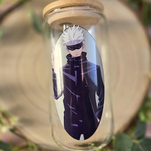 Jujutsu Kaisen Gojo inspired glass can 480ml with lid and straw