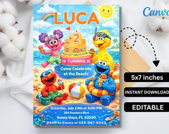 Abby Cadabby Birthday Invitation, Sesame Street Beach Party (Canva Editable)