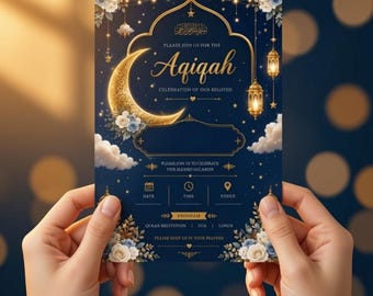 Luxury Aqiqah Invitation Template, Navy Gold Islamic Baby Boy Card (Digital Download)