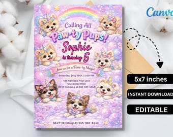 Editable Puppy Birthday Invitation, Paw-ty Pups Theme, Canva Template (5x7 inches)