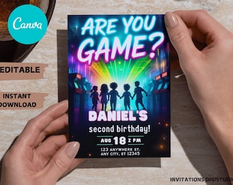 Neon Arcade Birthday Invitation: Gaming Party, Family Fun (PDF Download)