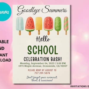 EDITABLE Back of School Party Invitation Hello School So Long Summer Bash, End of Summer Party Goodbye Summer Printable Invite Instant DIY