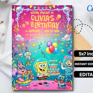 Cartoon Sponge Birthday Invitation, Under the Sea Party (Digital Download)