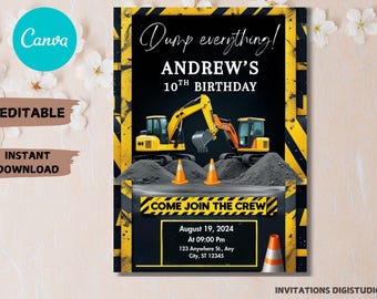 Construction Birthday Invitation, Construction Invitation, Dump Truck Party Invite, Construction Party, Boy Birthday,Editable Canva Template