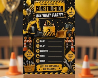 Construction Birthday Invitation Template, Editable Canva Party Invite (Digital Download)