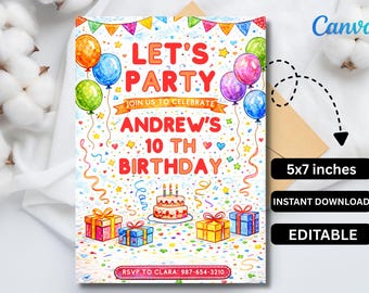 カラフルな誕生日招待状、楽しいパーティー招待状、編集可能なCanvaテンプレート（デジタルダウンロード）