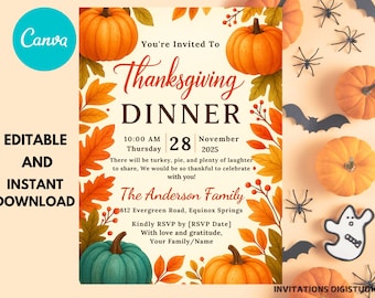 Editable Thanksgiving Dinner Invitation: Pumpkin Design (PDF)