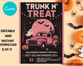 Modèle d'invitation avec une malle ou une friandise : flyer d'école d'Halloween (PDF)