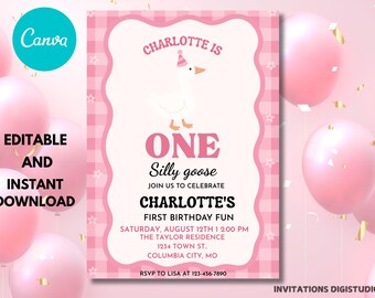 Silly Goose 1st Birthday Invitation: Editable Girl Party Invite (PDF)
