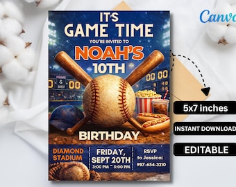 野球の誕生日招待状、ゲームタイムテーマ、編集可能なCanvaテンプレート（デジタルダウンロード）