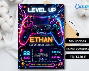 ゲーマー向け誕生日招待状、レベルアップパーティー招待状、編集可能なCanvaテンプレート（5×7インチ）