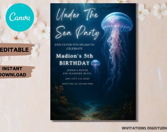 Under the Sea Birthday Invitation: Neon Ocean Theme (Canva Template, PDF)