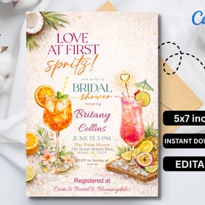 Könnte beinhalten: Brautparty-Einladung mit dem Text "Love at First Spritz!" mit Aquarellillustrationen von Cocktails, Früchten und tropischen Blättern. Die Einladung ist 12,7 x 17,8 cm groß und ein sofortiger Download.