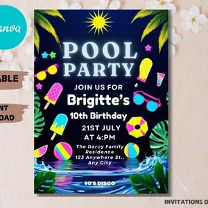 Neon Pool Party Birthday Invitation, Summer Pool Party, Tropical Birthday Evite, Glow Pool Party Modern Invitation, Boy Pool Party Canva