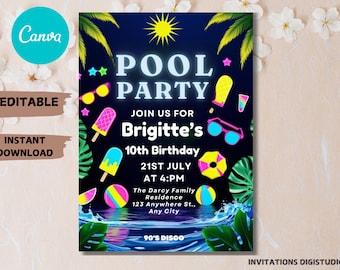 Neon Geburtstagseinladung zur Pool Party: Tropical Evite (PDF Download, Canva Bearbeiten)
