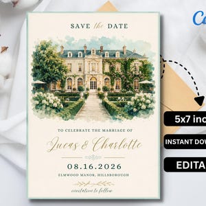 Puede incluir: Una invitación de boda con una ilustración en acuarela de una mansión. La invitación mide 12,7 x 17,8 cm y presenta el texto "Save the Date" y "To Celebrate the Marriage of Lucas & Charlotte". Descarga instantánea y editable.