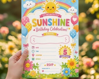 Sunshine Birthday Invitation Template, Editable Canva Birthday Invite, Rainbow Birthday Party Invitation, Happy Sun Birthday Card, Kids