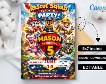 Paw Patrol Birthday Invitation Template, Kids Party, Editable (Digital Download)