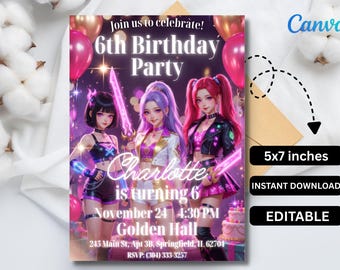 K-POPデーモンハンターズ誕生日招待状 – 編集可能なCanvaパーティー招待状（デジタルダウンロード）