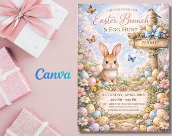 Floral Easter Brunch Invitation, Egg Hunt, Editable Canva (PDF Pattern)