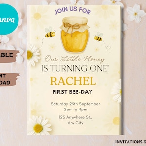 Daisy Bee 1st Birthday Invitation: Arch, Honeycomb (PDF Digital Download 5x7&quot; Canva Template )